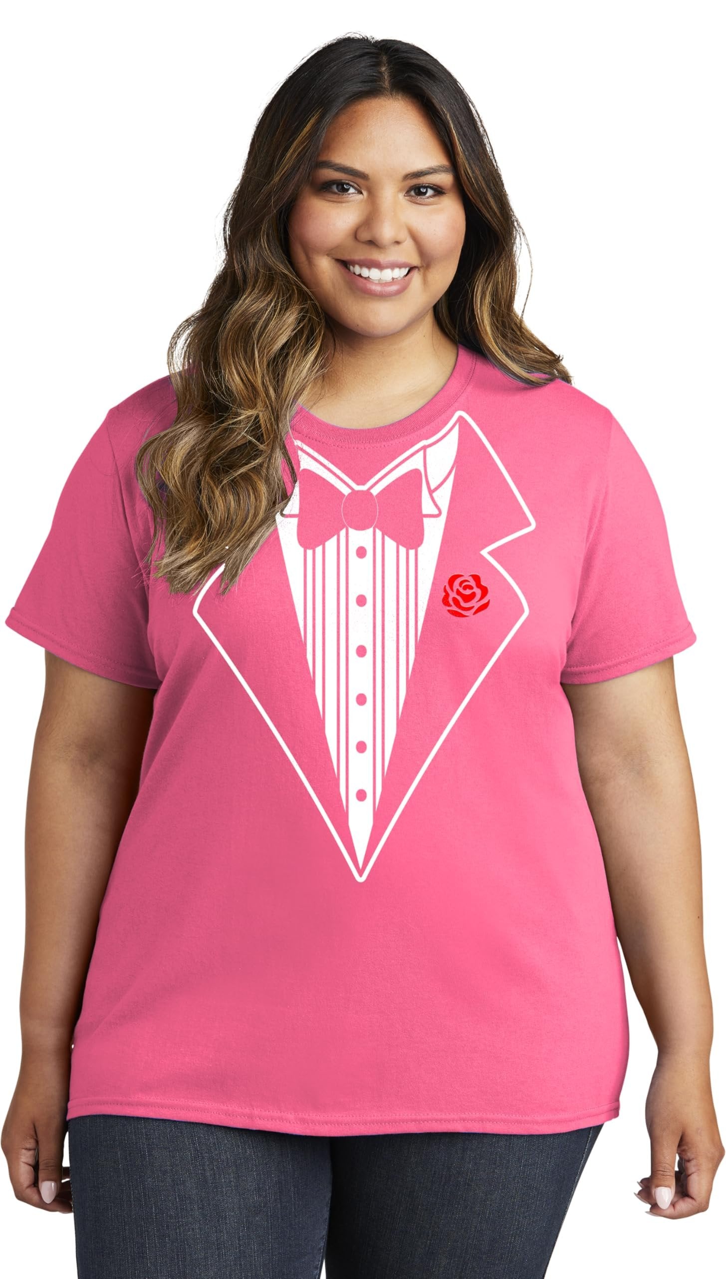 Ladies Faux Tuxedo T-Shirt (Hot Pink & Rose)