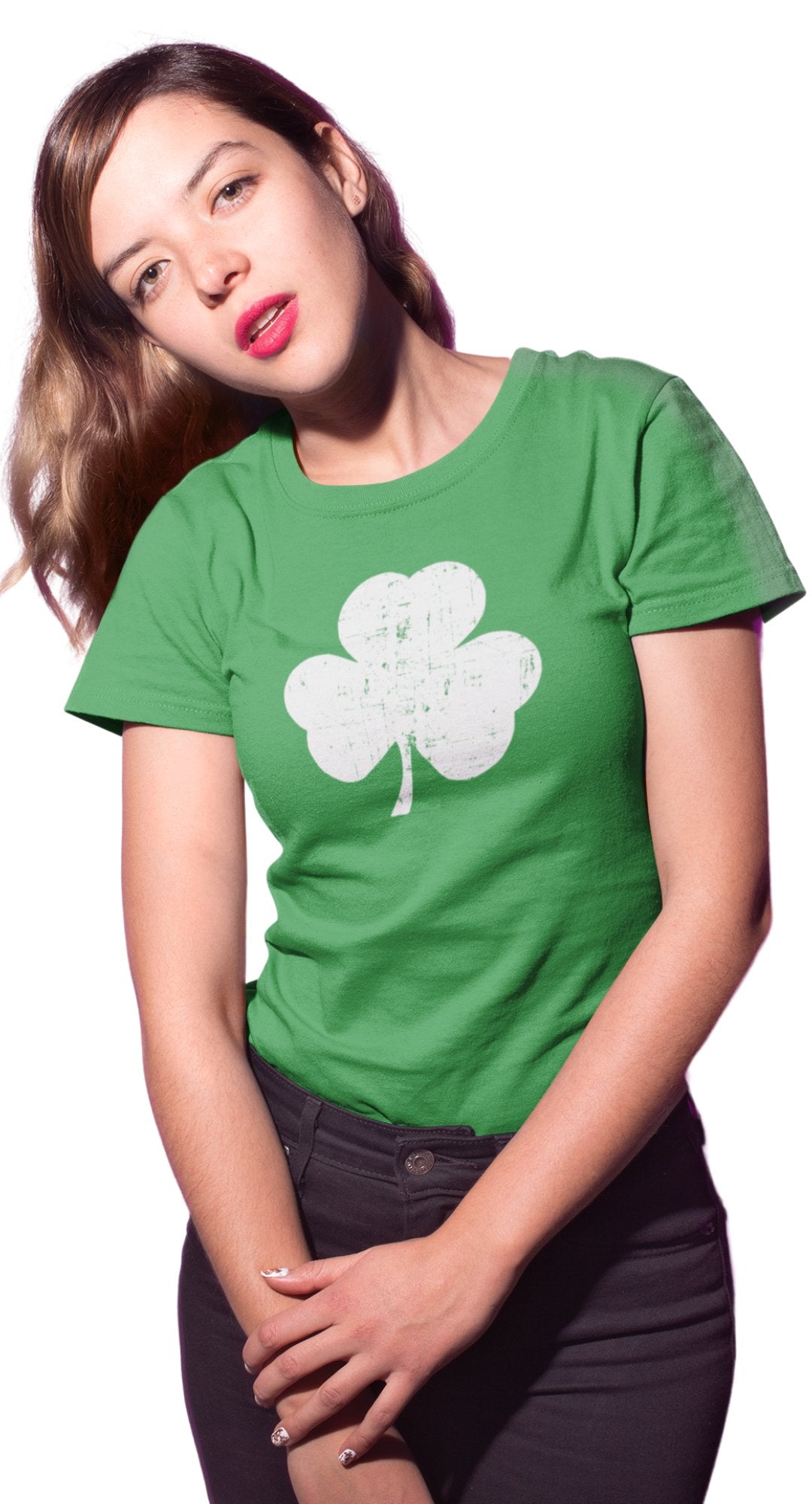 Shamrock Ladies Tee (Big Distressed Design, Irish Green)