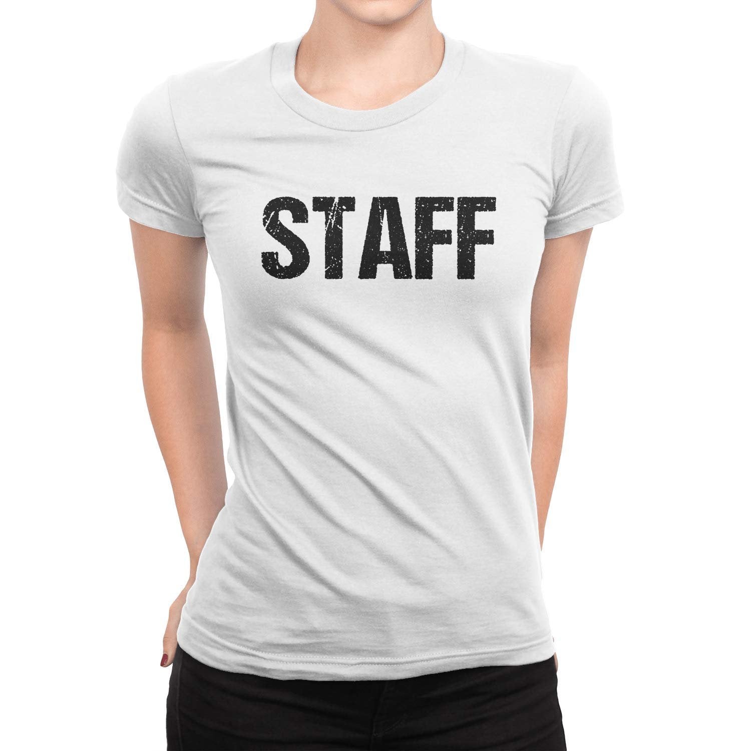 White Ladies Staff Tee Screen Printed Distressed Design