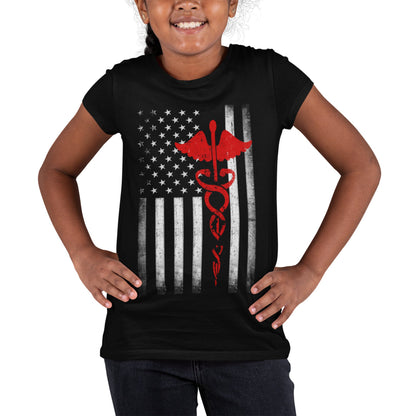 Kids USA Flag Red Tee Support Our Heroes EMT Nurses Boys Girls Youth T-Shirt