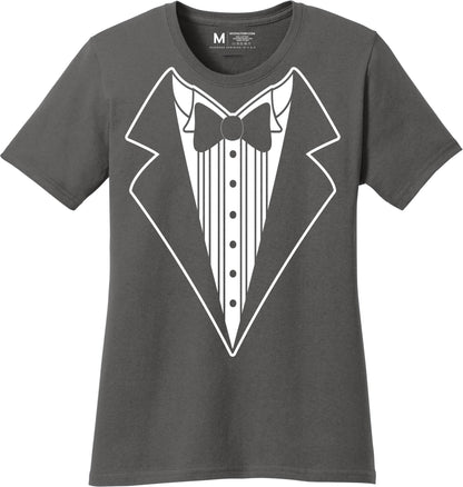 Ladies Faux Tuxedo T-Shirt (Charcoal, Bowtie)