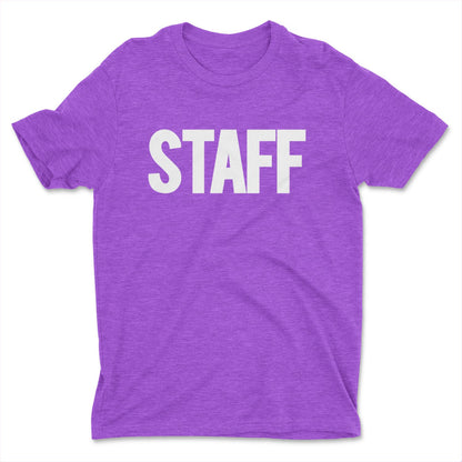 Men's Staff T-Shirt Front Back Screen Print Tee (BB, Heather Purple & White)