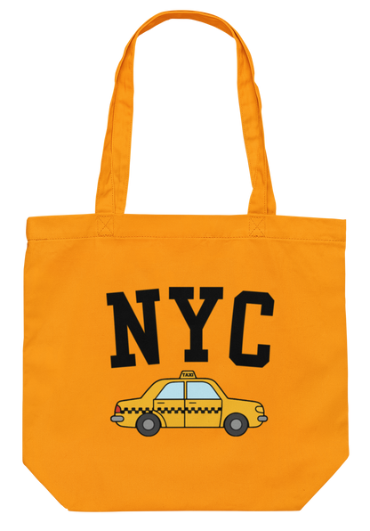 Gold Jumbo tote bag with 'NYC' and taxi illustration on a white background