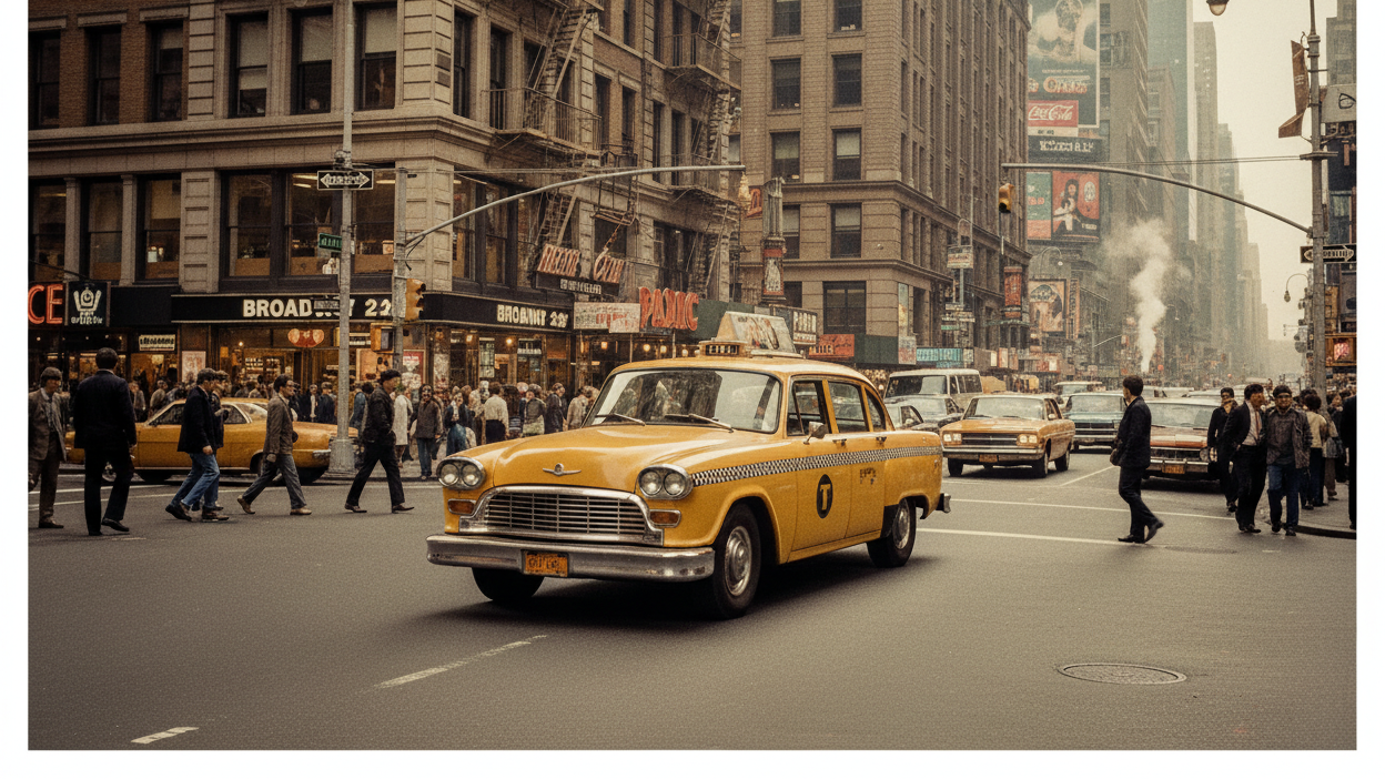 new york city retro yellow cab city scene