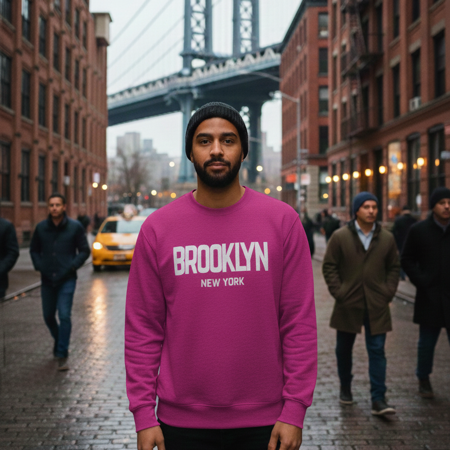Man wearing a pink 'Brooklyn New York' sweatshirt with the Manhattan Bridge in the background.