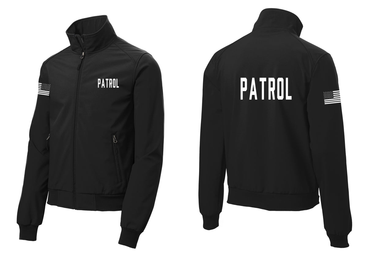 NYC Factory Patrol Soft Shell Bomber Jacket (Classic) - Chest + Back + US Flag Sleeve - Black
