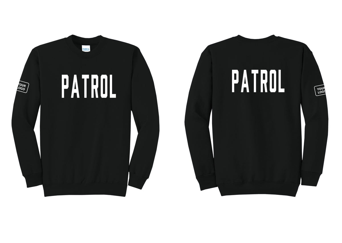 NYC Factory Custom Logo Patrol Cotton Fleece Crewneck Sweatshirt (Classic) - Front + Back + Your Logo Sleeve - Black