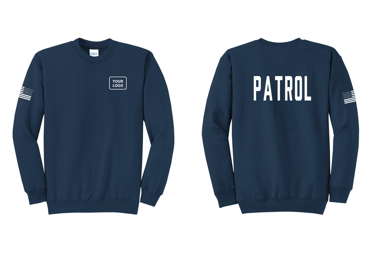 NYC Factory Custom Logo Patrol Cotton Fleece Crewneck Sweatshirt (Classic) - Your Logo + Back + US Flag Sleeve - Navy