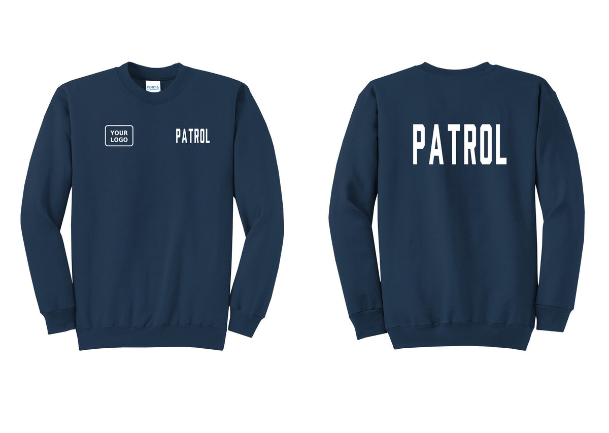 NYC Factory Custom Logo Patrol Cotton Fleece Crewneck Sweatshirt (Classic) - PATROL + Your Logo + Back - Navy