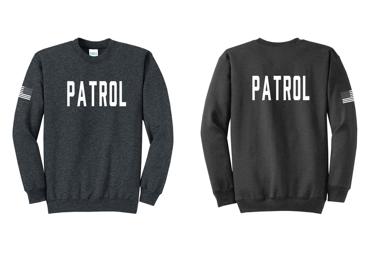 NYC Factory Patrol Cotton Fleece Crewneck Sweatshirt (Classic) - Front + Back + US Flag Sleeve - Dark Heather Grey