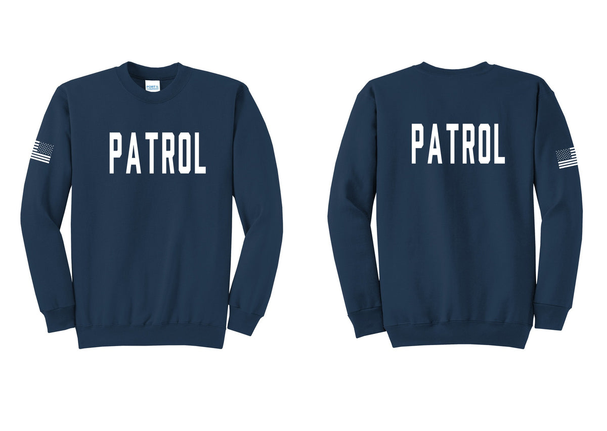 NYC Factory Patrol Cotton Fleece Crewneck Sweatshirt (Classic) - Front + Back + US Flag Sleeve - Navy