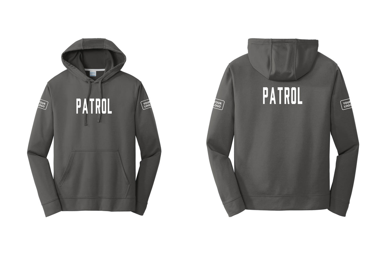 NYC Factory Custom Logo Patrol Performance Hooded Fleece Pullover Sweatshirt (Classic) - Front + Back + Your Logo Sleeves - Charcoal