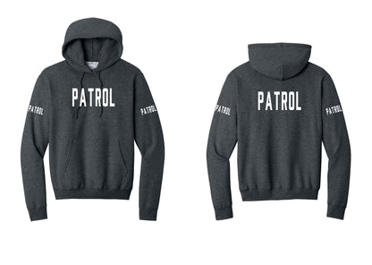 NYC Factory Patrol Cotton Fleece Pullover Hoodie (Classic) - Front + Back + Patrol Sleeves - Dark Heather Grey
