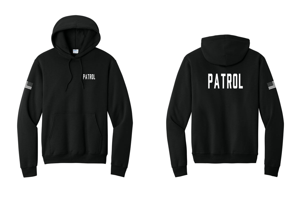 NYC Factory Patrol Cotton Fleece Pullover Hoodie (Classic) - Chest + Back + US Flag Sleeve - Black
