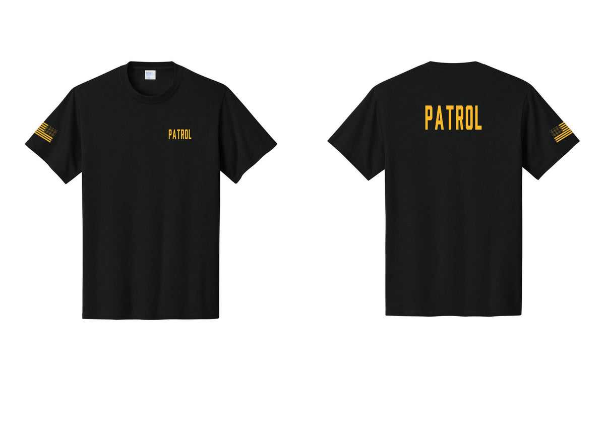 NYC Factory Patrol T-Shirt for Security & Event Teams (Classic) - Chest + Back + US Flag Sleeve - Black / Gold