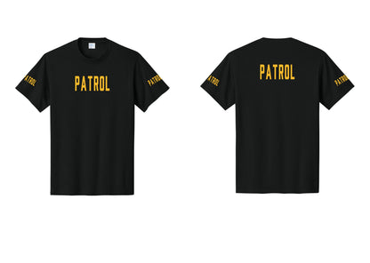 NYC Factory Patrol T-Shirt for Security & Event Teams (Classic) - Front + Back + Patrol Sleeves - Black / Gold