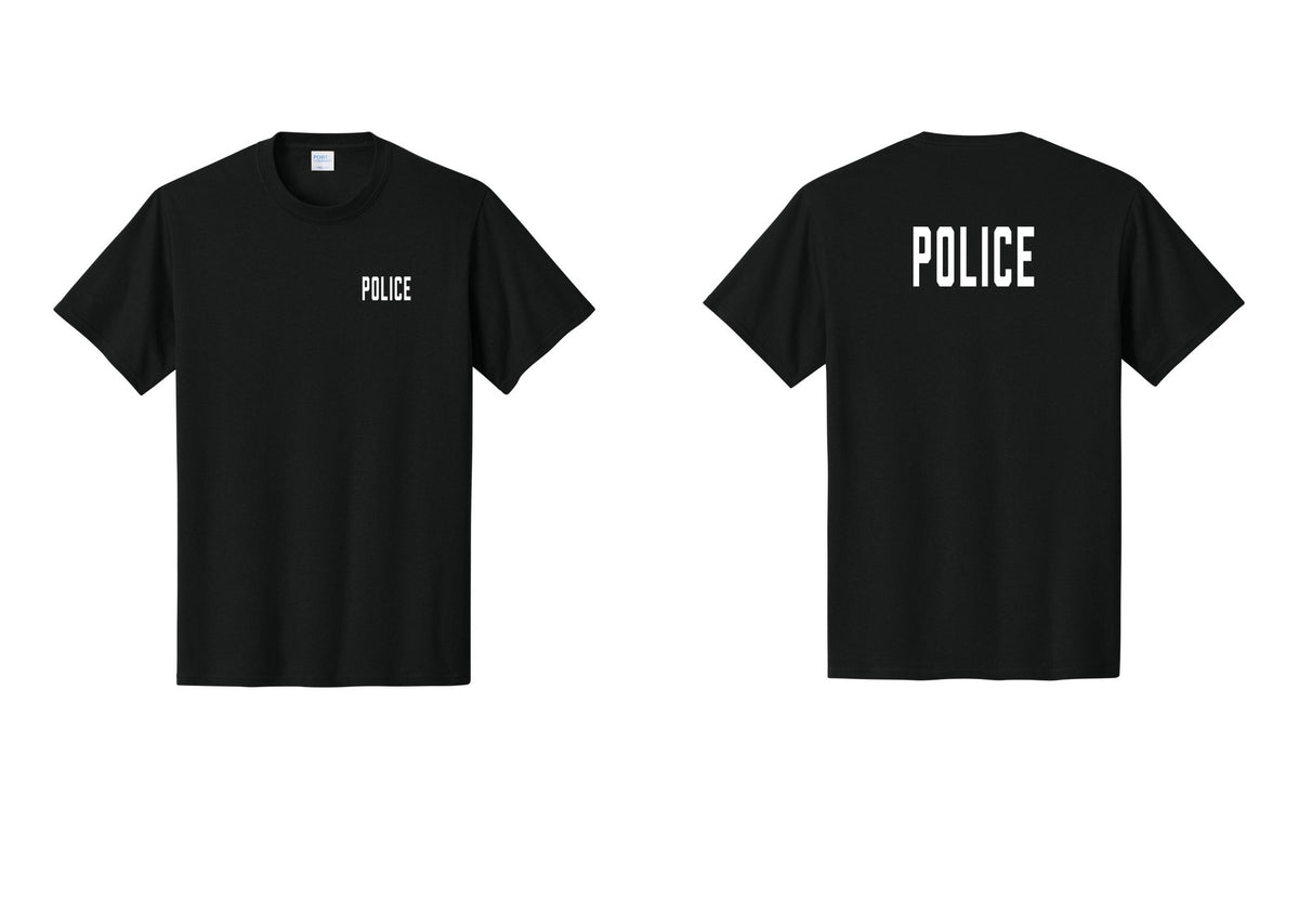 NYC Factory Police T-Shirt, Condensed Lettering - Chest + Back - Black