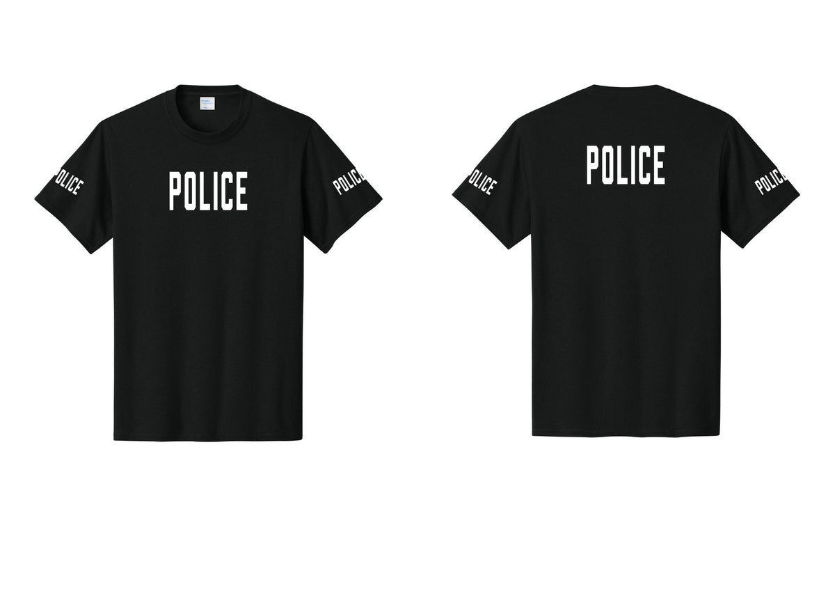 NYC Factory Police T-Shirt, Condensed Lettering - Front + Back + Police Sleeves - Black