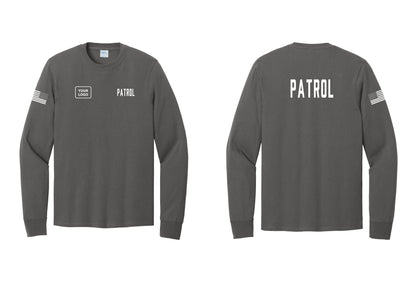 NYC Factory Custom Logo Patrol Cotton Long Sleeve T-Shirt (Classic) - PATROL + Your Logo + Back + US Flag Sleeve - Charcoal
