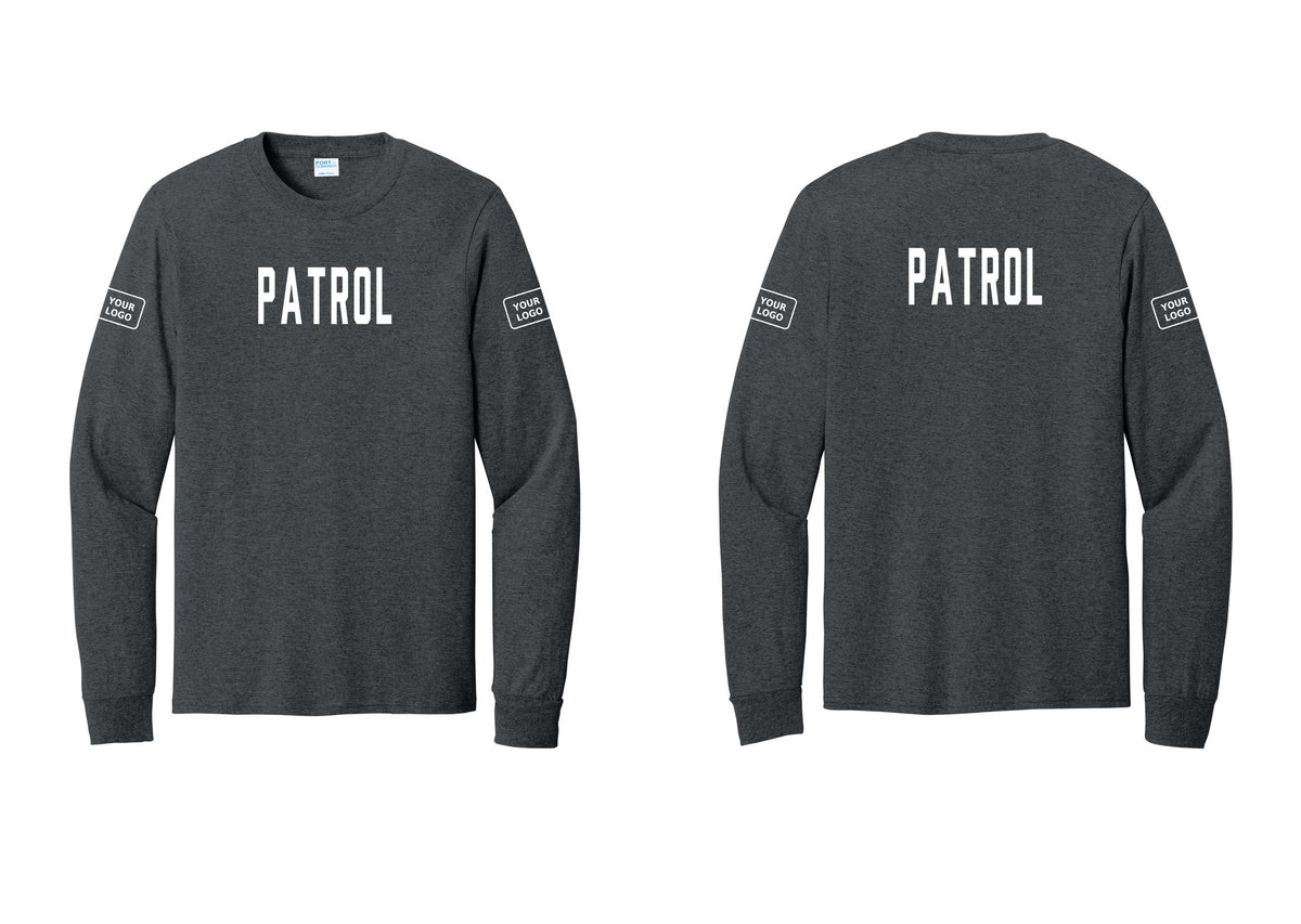 NYC Factory Custom Logo Patrol Cotton Long Sleeve T-Shirt (Classic) - Front + Back + Your Logo Sleeves - Dark Heather Grey