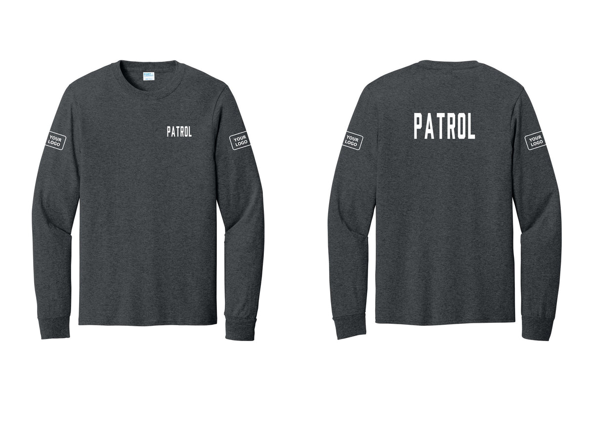 NYC Factory Custom Logo Patrol Cotton Long Sleeve T-Shirt (Classic) - Chest + Back + Your Logo Sleeves - Dark Heather Grey