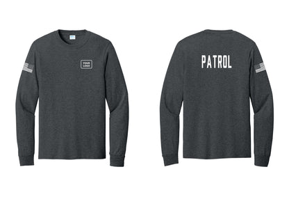 NYC Factory Custom Logo Patrol Cotton Long Sleeve T-Shirt (Classic) - Your Logo + Back + US Flag Sleeve - Dark Heather Grey
