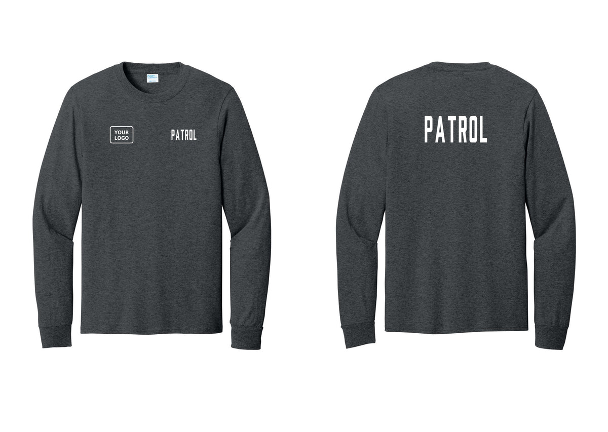 NYC Factory Custom Logo Patrol Cotton Long Sleeve T-Shirt (Classic) - PATROL + Your Logo + Back - Dark Heather Grey
