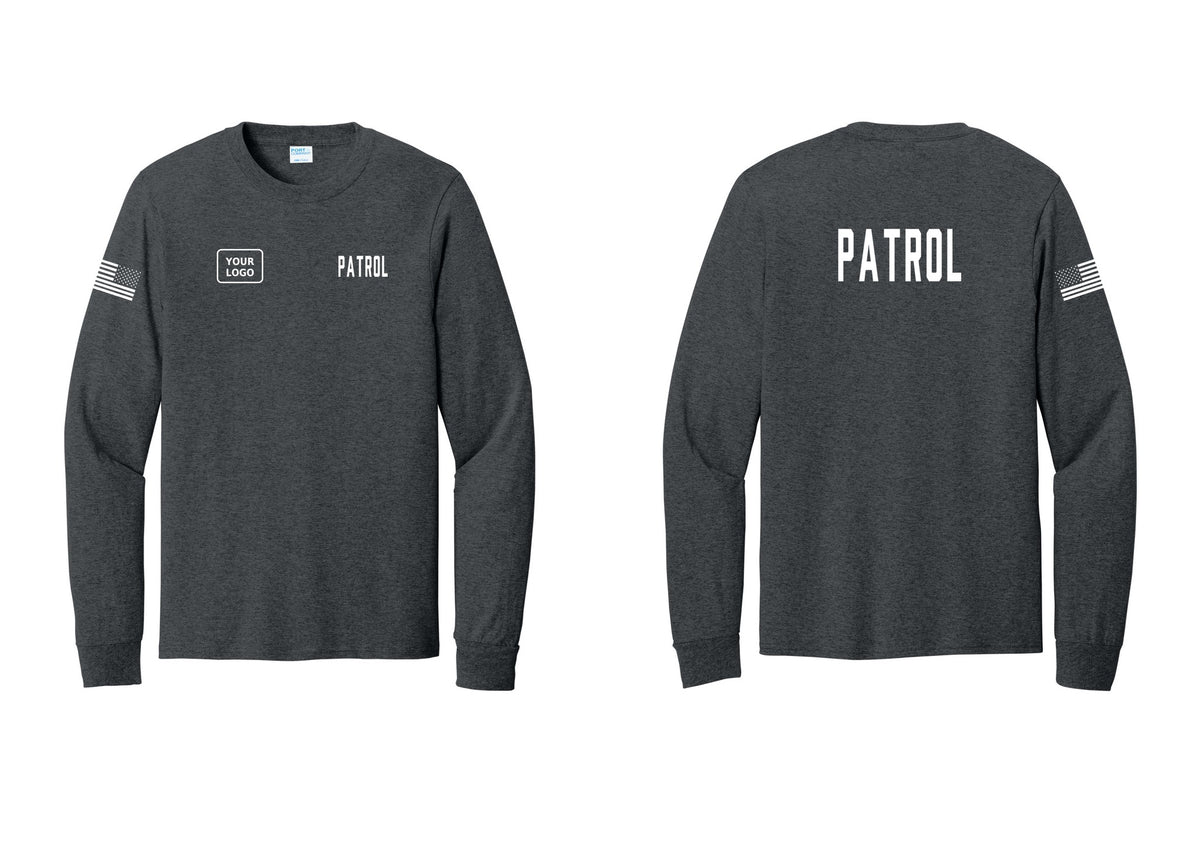 NYC Factory Custom Logo Patrol Cotton Long Sleeve T-Shirt (Classic) - PATROL + Your Logo + Back + US Flag Sleeve - Dark Heather Grey