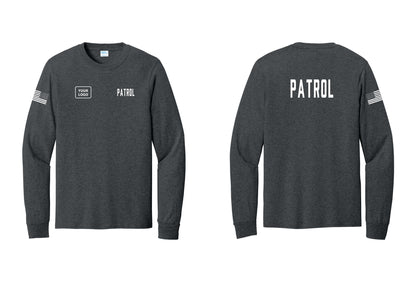 NYC Factory Custom Logo Patrol Cotton Long Sleeve T-Shirt (Classic) - PATROL + Your Logo + Back + US Flag Sleeve - Dark Heather Grey