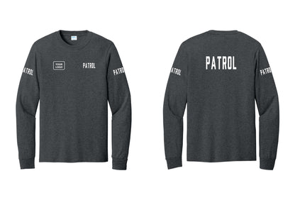 NYC Factory Custom Logo Patrol Cotton Long Sleeve T-Shirt (Classic) - PATROL + Your Logo + Back + Patrol Sleeves - Dark Heather Grey