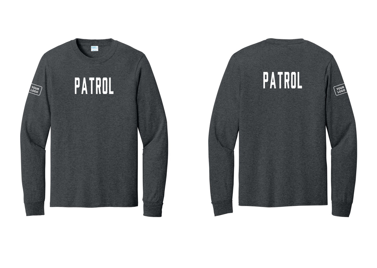 NYC Factory Custom Logo Patrol Cotton Long Sleeve T-Shirt (Classic) - Front + Back + Your Logo Sleeve - Dark Heather Grey