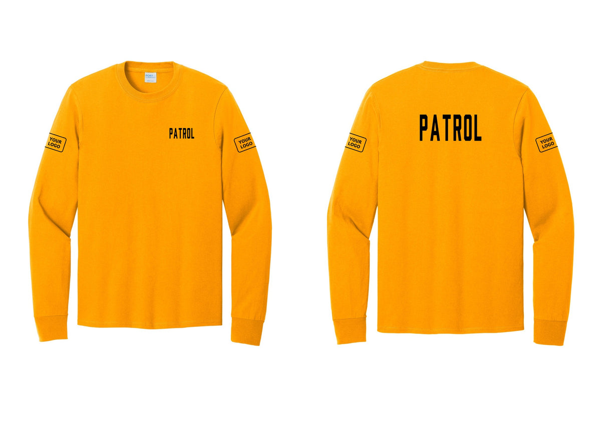 NYC Factory Custom Logo Patrol Cotton Long Sleeve T-Shirt (Classic) - Chest + Back + Your Logo Sleeves - Gold
