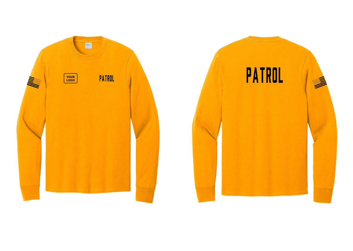 NYC Factory Custom Logo Patrol Cotton Long Sleeve T-Shirt (Classic) - PATROL + Your Logo + Back + US Flag Sleeve - Gold