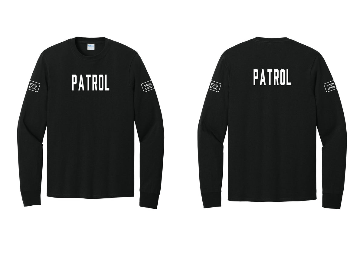NYC Factory Custom Logo Patrol Cotton Long Sleeve T-Shirt (Classic) - Front + Back + Your Logo Sleeves - Black