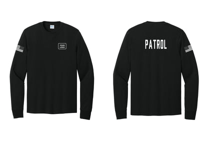 NYC Factory Custom Logo Patrol Cotton Long Sleeve T-Shirt (Classic) - Your Logo + Back + US Flag Sleeve - Black