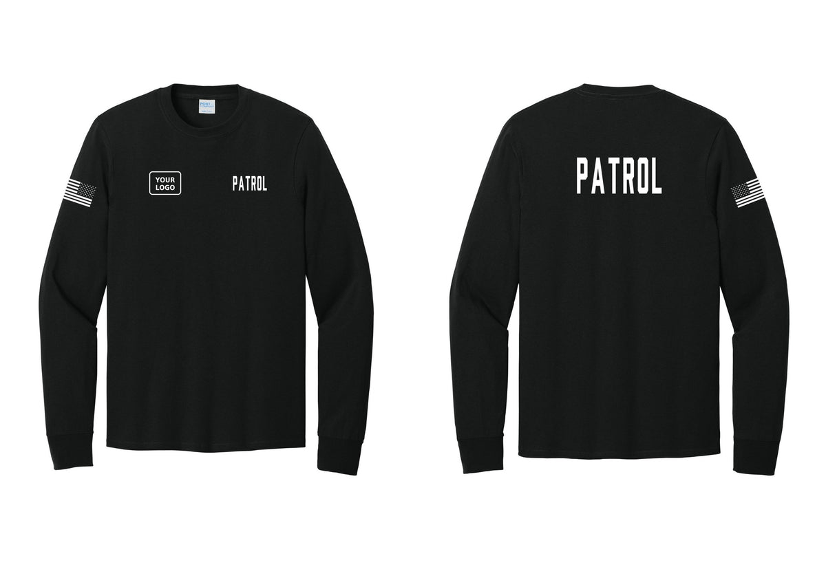 NYC Factory Custom Logo Patrol Cotton Long Sleeve T-Shirt (Classic) - PATROL + Your Logo + Back + US Flag Sleeve - Black