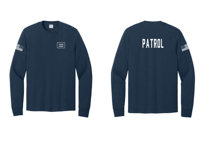 NYC Factory Custom Logo Patrol Cotton Long Sleeve T-Shirt (Classic) - Your Logo + Back + US Flag Sleeve - Navy