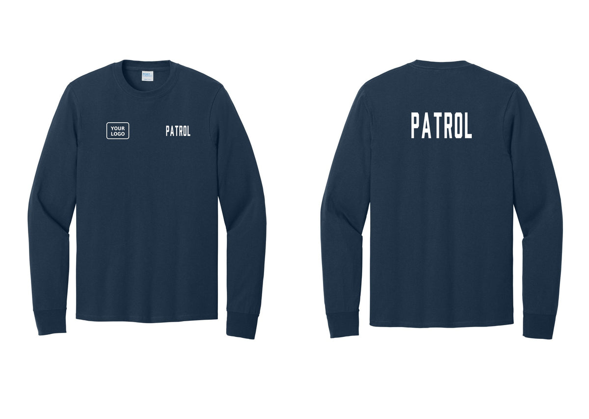 NYC Factory Custom Logo Patrol Cotton Long Sleeve T-Shirt (Classic) - PATROL + Your Logo + Back - Navy
