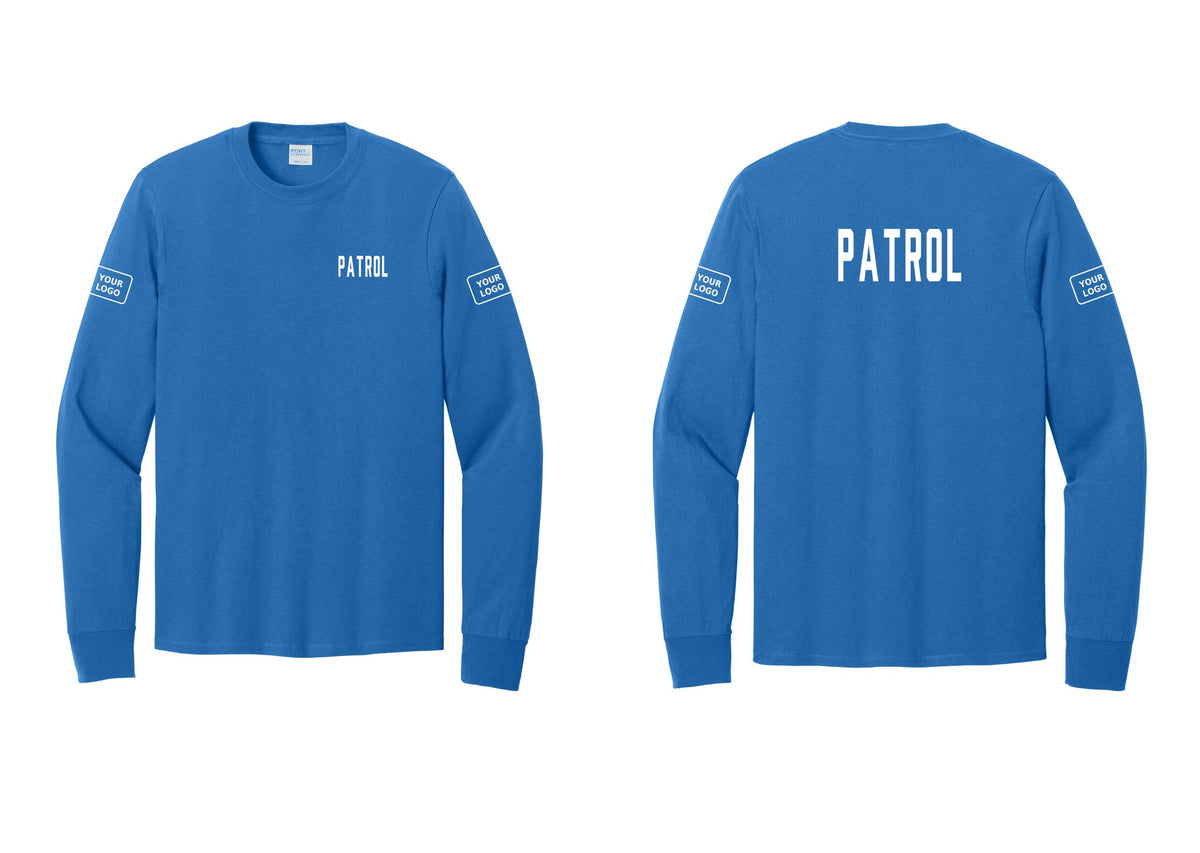NYC Factory Custom Logo Patrol Cotton Long Sleeve T-Shirt (Classic) - Chest + Back + Your Logo Sleeves - Royal