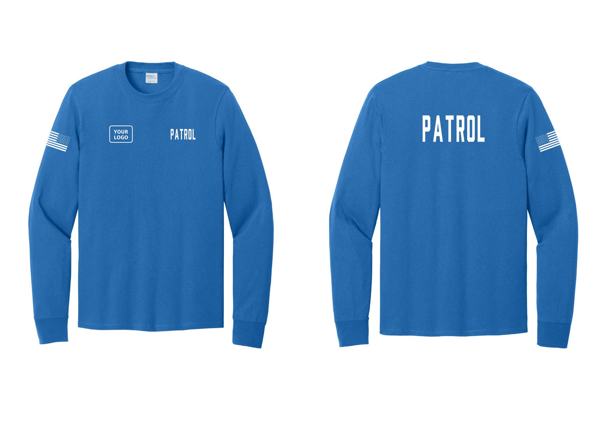 NYC Factory Custom Logo Patrol Cotton Long Sleeve T-Shirt (Classic) - PATROL + Your Logo + Back + US Flag Sleeve - Royal