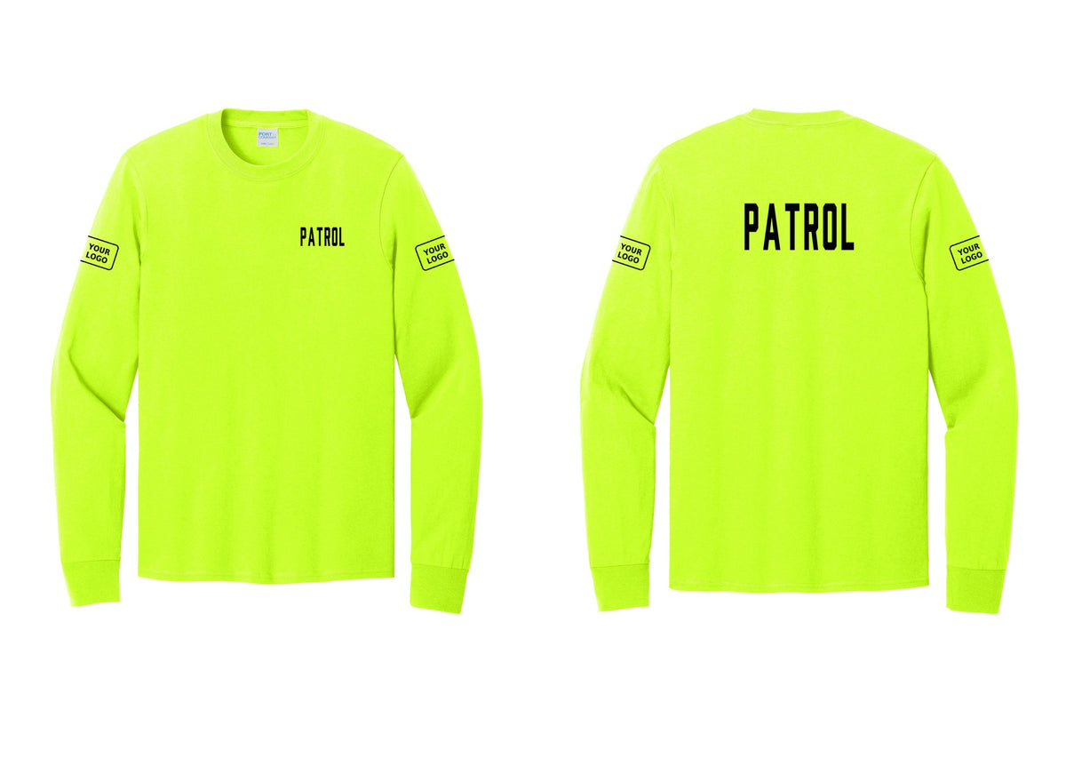 NYC Factory Custom Logo Patrol Cotton Long Sleeve T-Shirt (Classic) - Chest + Back + Your Logo Sleeves - Safety Green