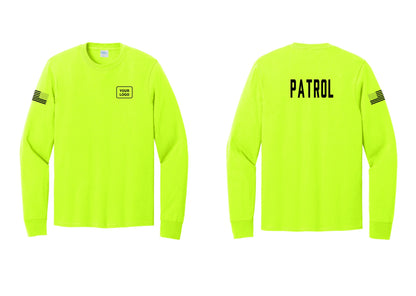 NYC Factory Custom Logo Patrol Cotton Long Sleeve T-Shirt (Classic) - Your Logo + Back + US Flag Sleeve - Safety Green