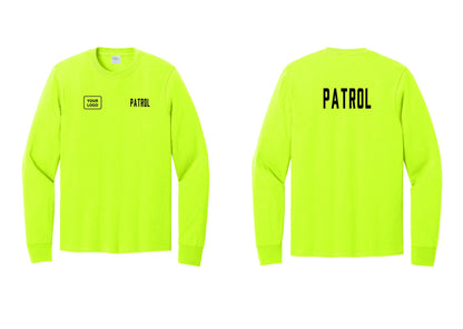 NYC Factory Custom Logo Patrol Cotton Long Sleeve T-Shirt (Classic) - PATROL + Your Logo + Back - Safety Green