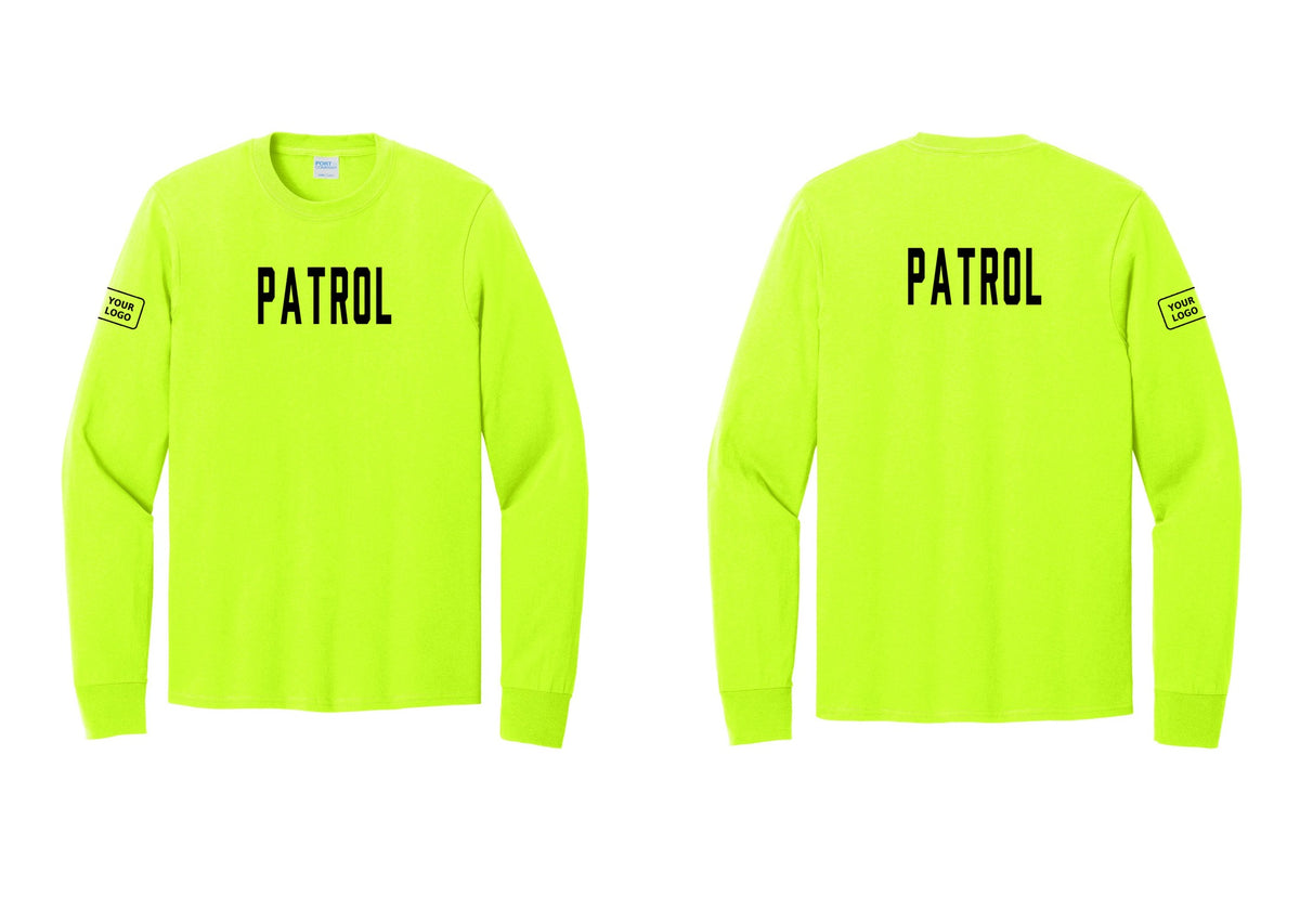 NYC Factory Custom Logo Patrol Cotton Long Sleeve T-Shirt (Classic) - Front + Back + Your Logo Sleeve - Safety Green