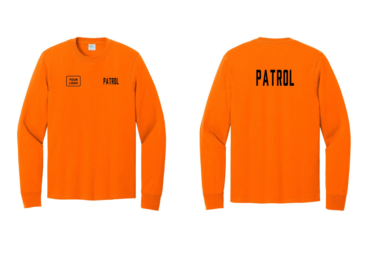 NYC Factory Custom Logo Patrol Cotton Long Sleeve T-Shirt (Classic) - PATROL + Your Logo + Back - Safety Orange
