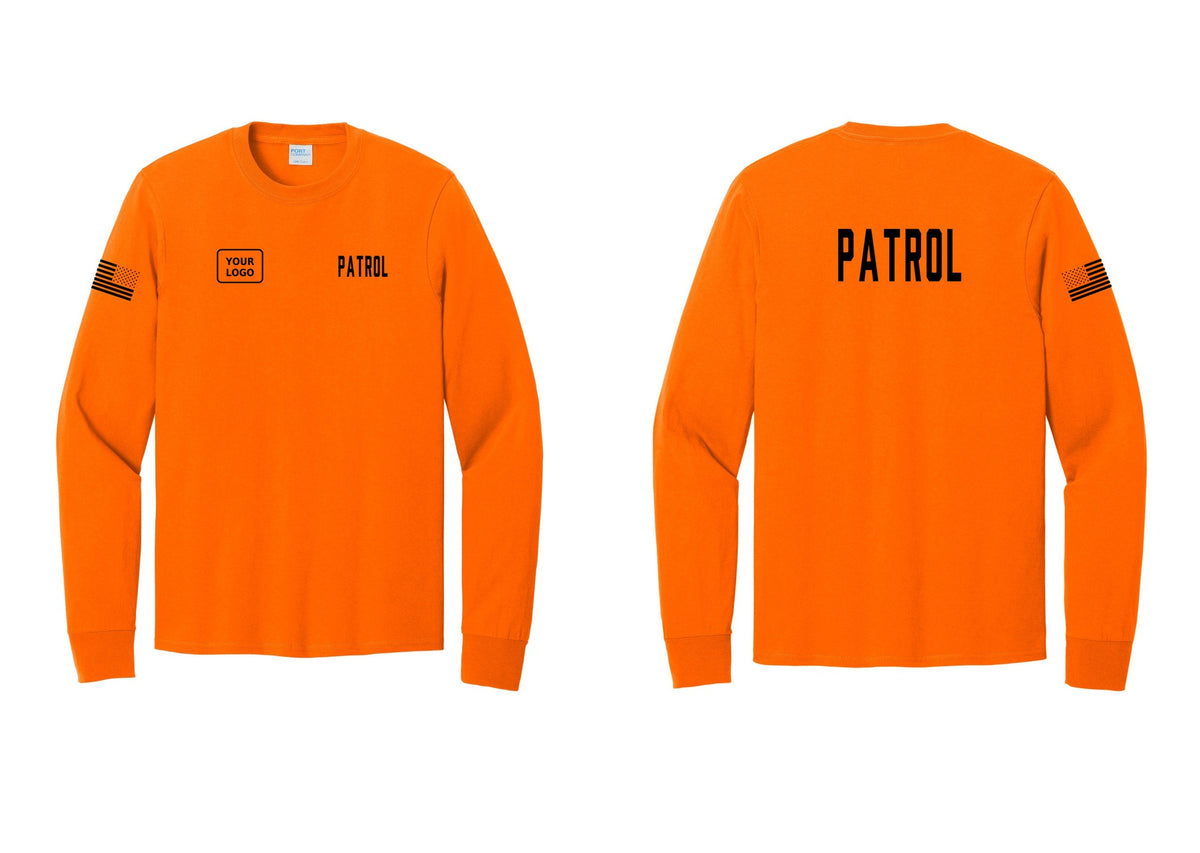 NYC Factory Custom Logo Patrol Cotton Long Sleeve T-Shirt (Classic) - PATROL + Your Logo + Back + US Flag Sleeve - Safety Orange