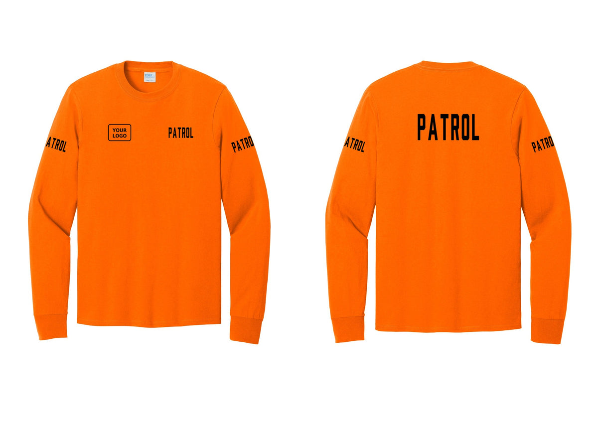 NYC Factory Custom Logo Patrol Cotton Long Sleeve T-Shirt (Classic) - PATROL + Your Logo + Back + Patrol Sleeves - Safety Orange