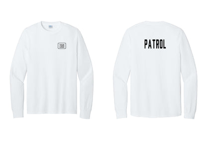 NYC Factory Custom Logo Patrol Cotton Long Sleeve T-Shirt (Classic) - Your Logo + Back - White