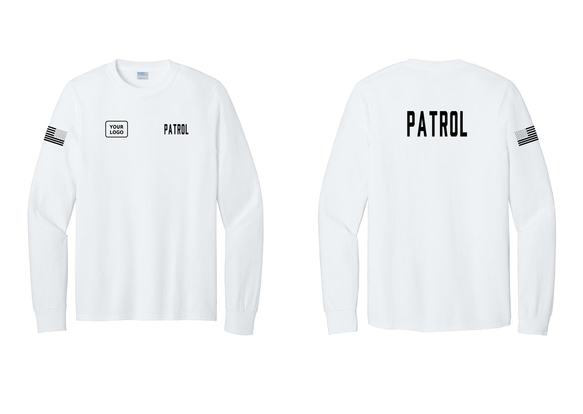 NYC Factory Custom Logo Patrol Cotton Long Sleeve T-Shirt (Classic) - PATROL + Your Logo + Back + US Flag Sleeve - White