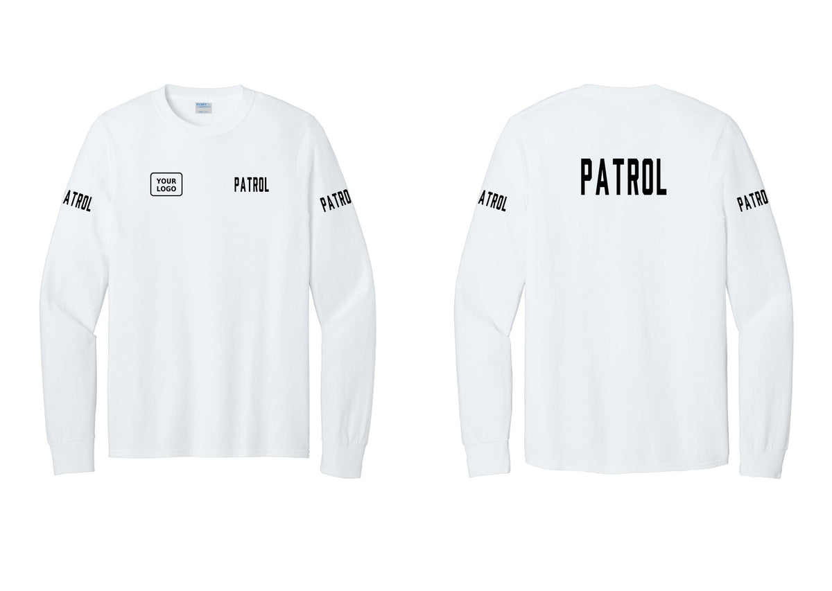 NYC Factory Custom Logo Patrol Cotton Long Sleeve T-Shirt (Classic) - PATROL + Your Logo + Back + Patrol Sleeves - White